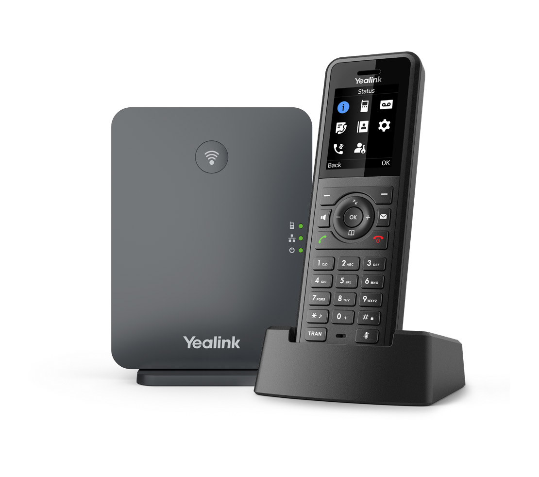 Yealink W77P, base DECT W70B et combiné sans fil W57R sur son chargeur